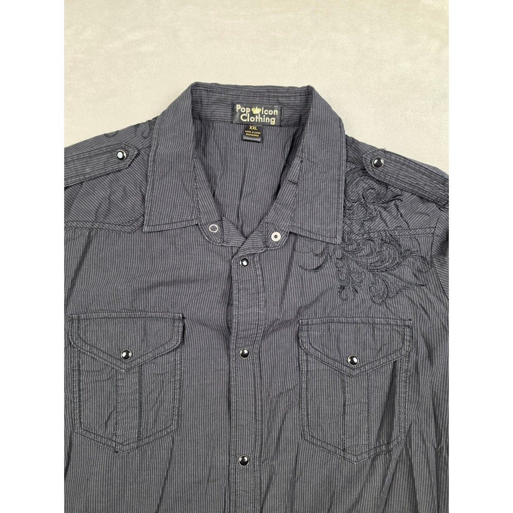 Pop Icon Clothing Pearl‎ Snap Shirt Mens XXL Fit XL Black Striped Embroidered
